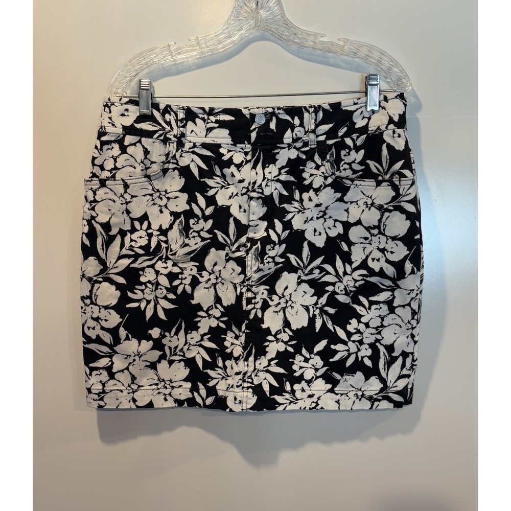Chaps Womens Black White Floral Denim Mini Skirt Size 12 Cotton Stretch Casual
